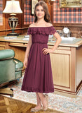 Mia A-Line Off-the-Shoulder Tea-Length Chiffon Lace Junior Bridesmaid Dress UKP0013505