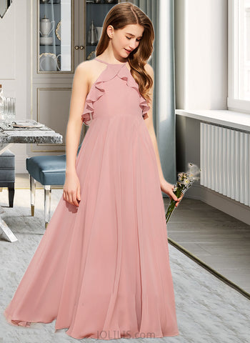 Elisabeth A-Line Square Neckline Floor-Length Chiffon Junior Bridesmaid Dress With Cascading Ruffles UKP0013509