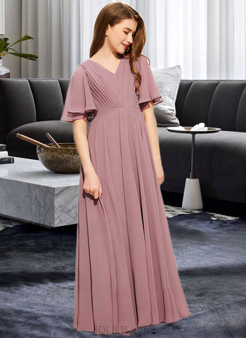 Janiya A-Line V-neck Floor-Length Chiffon Junior Bridesmaid Dress With Ruffle UKP0013510