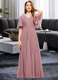 Janiya A-Line V-neck Floor-Length Chiffon Junior Bridesmaid Dress With Ruffle UKP0013510