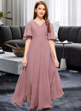 Janiya A-Line V-neck Floor-Length Chiffon Junior Bridesmaid Dress With Ruffle UKP0013510