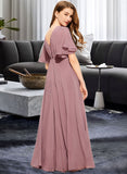 Janiya A-Line V-neck Floor-Length Chiffon Junior Bridesmaid Dress With Ruffle UKP0013510