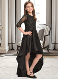 Kenna A-Line Scoop Neck Asymmetrical Satin Lace Junior Bridesmaid Dress With Ruffle UKP0013511