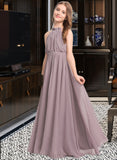 Amaya A-Line High Neck Floor-Length Chiffon Junior Bridesmaid Dress With Bow(s) Cascading Ruffles UKP0013512