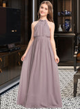 Amaya A-Line High Neck Floor-Length Chiffon Junior Bridesmaid Dress With Bow(s) Cascading Ruffles UKP0013512