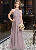 Amaya A-Line High Neck Floor-Length Chiffon Junior Bridesmaid Dress With Bow(s) Cascading Ruffles UKP0013512