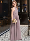 Amaya A-Line High Neck Floor-Length Chiffon Junior Bridesmaid Dress With Bow(s) Cascading Ruffles UKP0013512