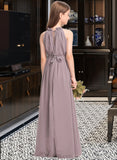 Amaya A-Line High Neck Floor-Length Chiffon Junior Bridesmaid Dress With Bow(s) Cascading Ruffles UKP0013512