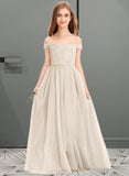 Autumn A-Line Off-the-Shoulder Floor-Length Chiffon Lace Junior Bridesmaid Dress UKP0013514