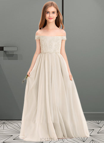 Autumn A-Line Off-the-Shoulder Floor-Length Chiffon Lace Junior Bridesmaid Dress UKP0013514