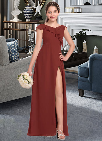 Giana A-Line V-neck Floor-Length Chiffon Junior Bridesmaid Dress With Split Front Cascading Ruffles UKP0013517