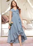 Samantha A-Line V-neck Asymmetrical Chiffon Junior Bridesmaid Dress With Bow(s) Cascading Ruffles UKP0013522