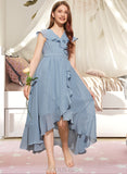 Samantha A-Line V-neck Asymmetrical Chiffon Junior Bridesmaid Dress With Bow(s) Cascading Ruffles UKP0013522