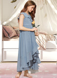 Samantha A-Line V-neck Asymmetrical Chiffon Junior Bridesmaid Dress With Bow(s) Cascading Ruffles UKP0013522