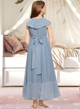 Samantha A-Line V-neck Asymmetrical Chiffon Junior Bridesmaid Dress With Bow(s) Cascading Ruffles UKP0013522