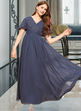 Quintina A-Line V-neck Floor-Length Chiffon Lace Junior Bridesmaid Dress With Bow(s) UKP0013523