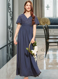 Quintina A-Line V-neck Floor-Length Chiffon Lace Junior Bridesmaid Dress With Bow(s) UKP0013523