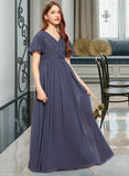 Quintina A-Line V-neck Floor-Length Chiffon Lace Junior Bridesmaid Dress With Bow(s) UKP0013523