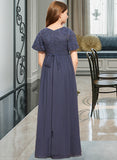 Quintina A-Line V-neck Floor-Length Chiffon Lace Junior Bridesmaid Dress With Bow(s) UKP0013523