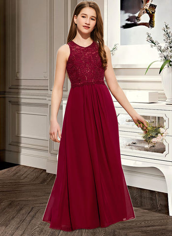 Rowan A-Line Scoop Neck Floor-Length Chiffon Lace Junior Bridesmaid Dress With Sequins UKP0013525