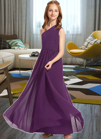 Ariella A-Line One-Shoulder Floor-Length Chiffon Junior Bridesmaid Dress With Ruffle UKP0013527