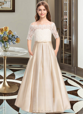 Anastasia Ball-Gown/Princess Off-the-Shoulder Floor-Length Satin Lace Junior Bridesmaid Dress With Bow(s) Pockets UKP0013530