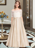 Anastasia Ball-Gown/Princess Off-the-Shoulder Floor-Length Satin Lace Junior Bridesmaid Dress With Bow(s) Pockets UKP0013530