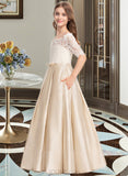 Anastasia Ball-Gown/Princess Off-the-Shoulder Floor-Length Satin Lace Junior Bridesmaid Dress With Bow(s) Pockets UKP0013530