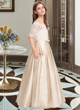 Anastasia Ball-Gown/Princess Off-the-Shoulder Floor-Length Satin Lace Junior Bridesmaid Dress With Bow(s) Pockets UKP0013530