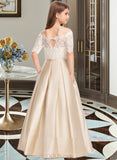 Anastasia Ball-Gown/Princess Off-the-Shoulder Floor-Length Satin Lace Junior Bridesmaid Dress With Bow(s) Pockets UKP0013530