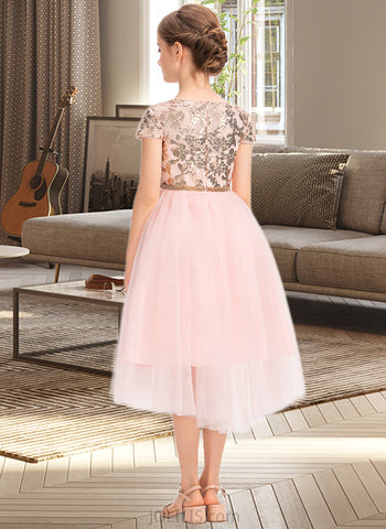 Cornelia A-Line Scoop Neck Asymmetrical Tulle Junior Bridesmaid Dress With Sequins UKP0013531