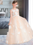 Victoria Ball-Gown/Princess Scoop Neck Floor-Length Tulle Junior Bridesmaid Dress With Flower(s) Bow(s) UKP0013534