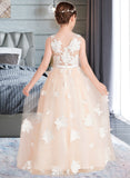 Victoria Ball-Gown/Princess Scoop Neck Floor-Length Tulle Junior Bridesmaid Dress With Flower(s) Bow(s) UKP0013534