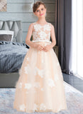 Victoria Ball-Gown/Princess Scoop Neck Floor-Length Tulle Junior Bridesmaid Dress With Flower(s) Bow(s) UKP0013534