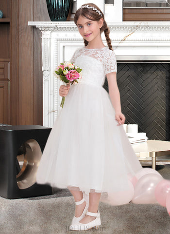 Trudie A-Line Scoop Neck Tea-Length Tulle Junior Bridesmaid Dress UKP0013535