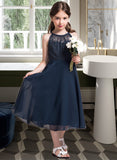 Olivia A-Line Scoop Neck Tea-Length Chiffon Lace Junior Bridesmaid Dress With Ruffle UKP0013536