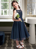 Olivia A-Line Scoop Neck Tea-Length Chiffon Lace Junior Bridesmaid Dress With Ruffle UKP0013536