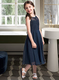 Olivia A-Line Scoop Neck Tea-Length Chiffon Lace Junior Bridesmaid Dress With Ruffle UKP0013536