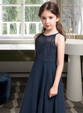 Olivia A-Line Scoop Neck Tea-Length Chiffon Lace Junior Bridesmaid Dress With Ruffle UKP0013536