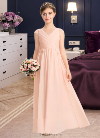 Michaela A-Line V-neck Floor-Length Chiffon Lace Junior Bridesmaid Dress With Ruffle UKP0013540