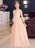 Michaela A-Line V-neck Floor-Length Chiffon Lace Junior Bridesmaid Dress With Ruffle UKP0013540