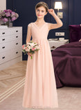 Michaela A-Line V-neck Floor-Length Chiffon Lace Junior Bridesmaid Dress With Ruffle UKP0013540