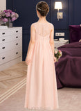 Michaela A-Line V-neck Floor-Length Chiffon Lace Junior Bridesmaid Dress With Ruffle UKP0013540