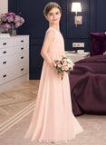 Michaela A-Line V-neck Floor-Length Chiffon Lace Junior Bridesmaid Dress With Ruffle UKP0013540