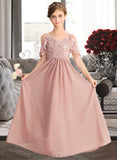 Carina A-Line V-neck Floor-Length Chiffon Lace Junior Bridesmaid Dress UKP0013541