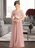 Carina A-Line V-neck Floor-Length Chiffon Lace Junior Bridesmaid Dress UKP0013541