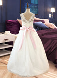 Sylvia Ball-Gown/Princess Scoop Neck Floor-Length Tulle Junior Bridesmaid Dress With Sash Beading Bow(s) UKP0013545