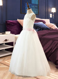 Sylvia Ball-Gown/Princess Scoop Neck Floor-Length Tulle Junior Bridesmaid Dress With Sash Beading Bow(s) UKP0013545