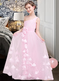 Valerie A-Line One-Shoulder Floor-Length Tulle Junior Bridesmaid Dress With Ruffle Flower(s) UKP0013546