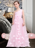 Valerie A-Line One-Shoulder Floor-Length Tulle Junior Bridesmaid Dress With Ruffle Flower(s) UKP0013546